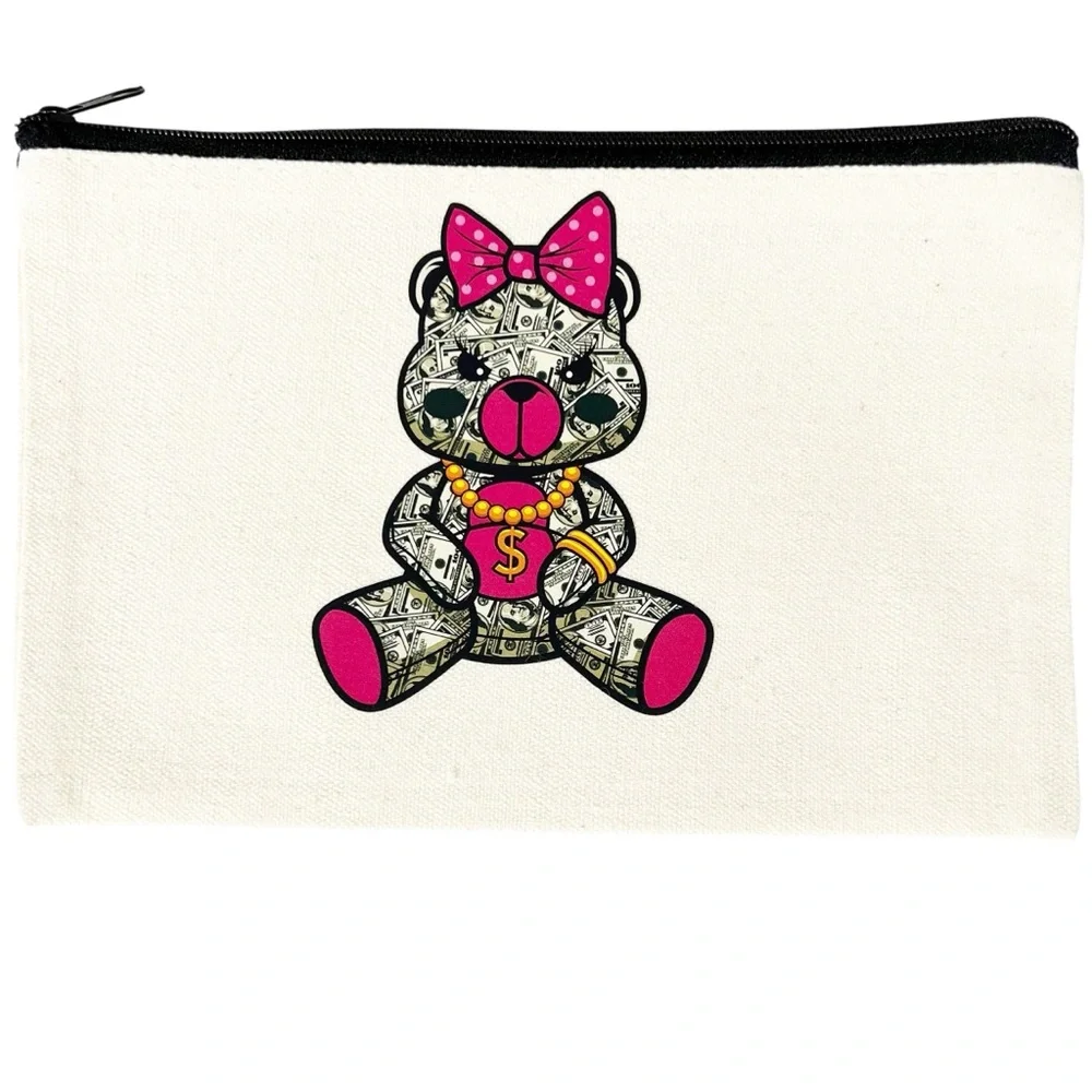 Money Bear Canvas Zipper Pouch – 8.3x5 in Multi-Use Makeup & Travel Bag